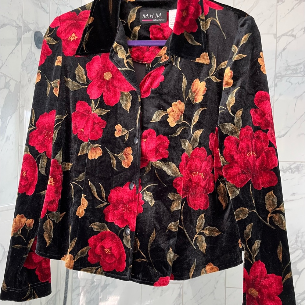 MHM Black Blazer with Red Floral Pattern Crushed Velvet  Size 8